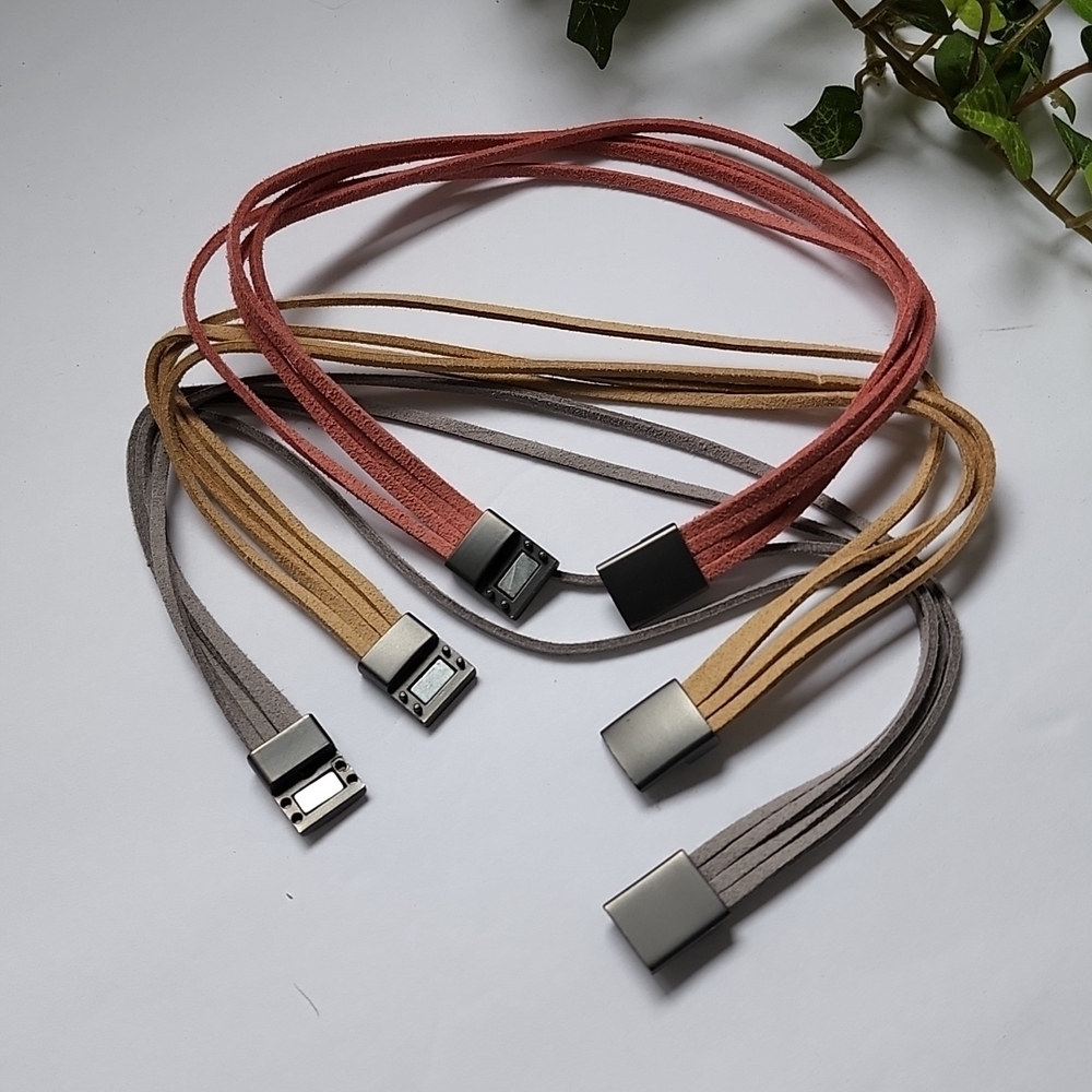 Pink, Tan and Grey Suede Multi String Choker Necklace Set - Picture 8 of 10